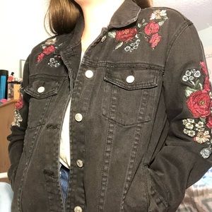 PacSun Black Denim Jacket with Floral Embroidery